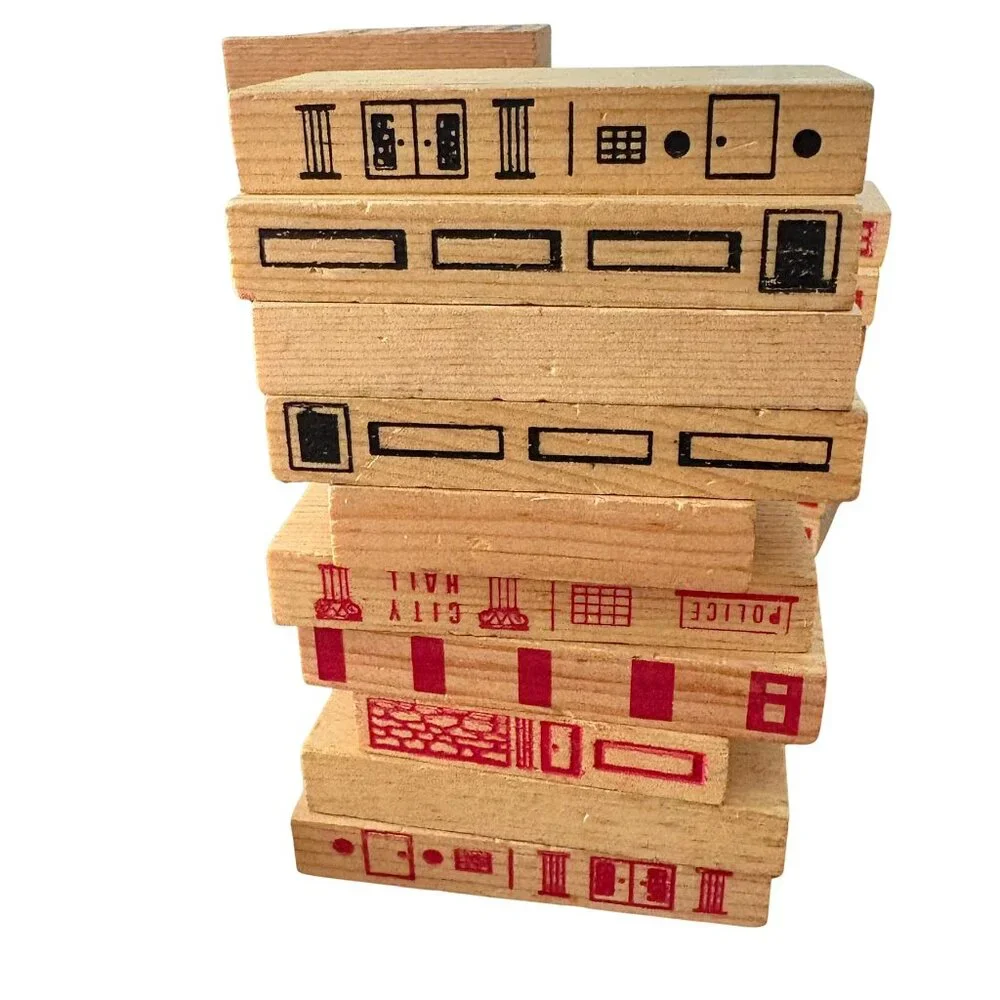 Vintage • 1970's Playskool: Village Wooden Blocks & Street Layout‎ In Container